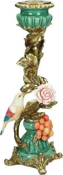 Image of Kerzenständer Vogel aus Metall – Gold mit Blau & Grün – 28,5cm – Dekorativer Kerzenhalter für Stabkerzen-0