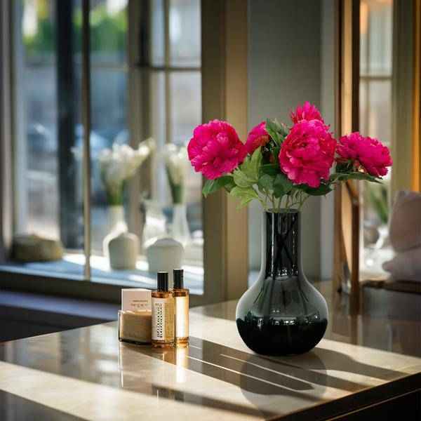 Image of Künstliche Blumenstrauß Pfingstrosen Dunkelrosa – 5 Stück je 65cm – Realistische Kunstblumen – Eleganter Deko Blumenstrauß-1