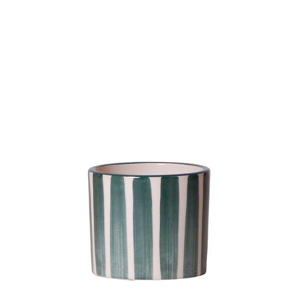 Image of Topf Gemalter Streifen – Grün – Ø6cm – Mediterraner Keramik Blumentopf mit Streifenmuster – Übertopf aus der Mediterranean Sunset Kollektion-0