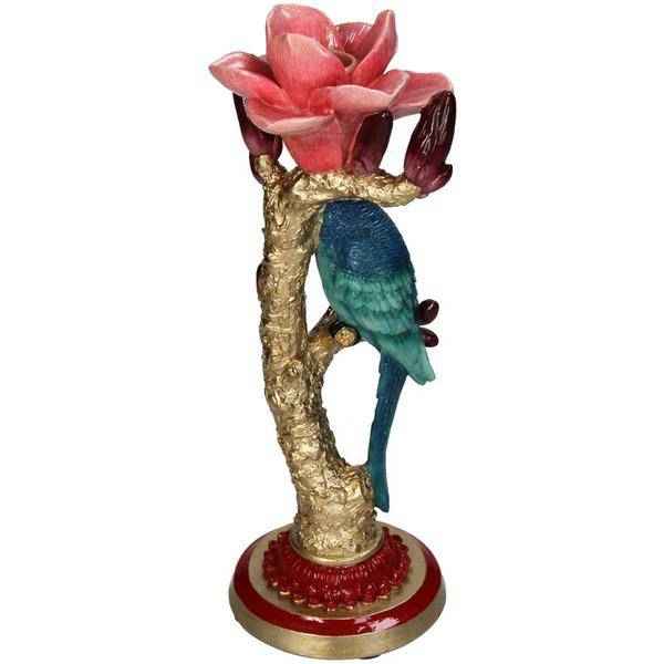 Image of Kerzenständer aus Kunststein – Vogel & Blume – Kerzenhalter Polyresin – 27cm – Dekorativer Kerzenständer mit blauem Vogel und roter Rose-3