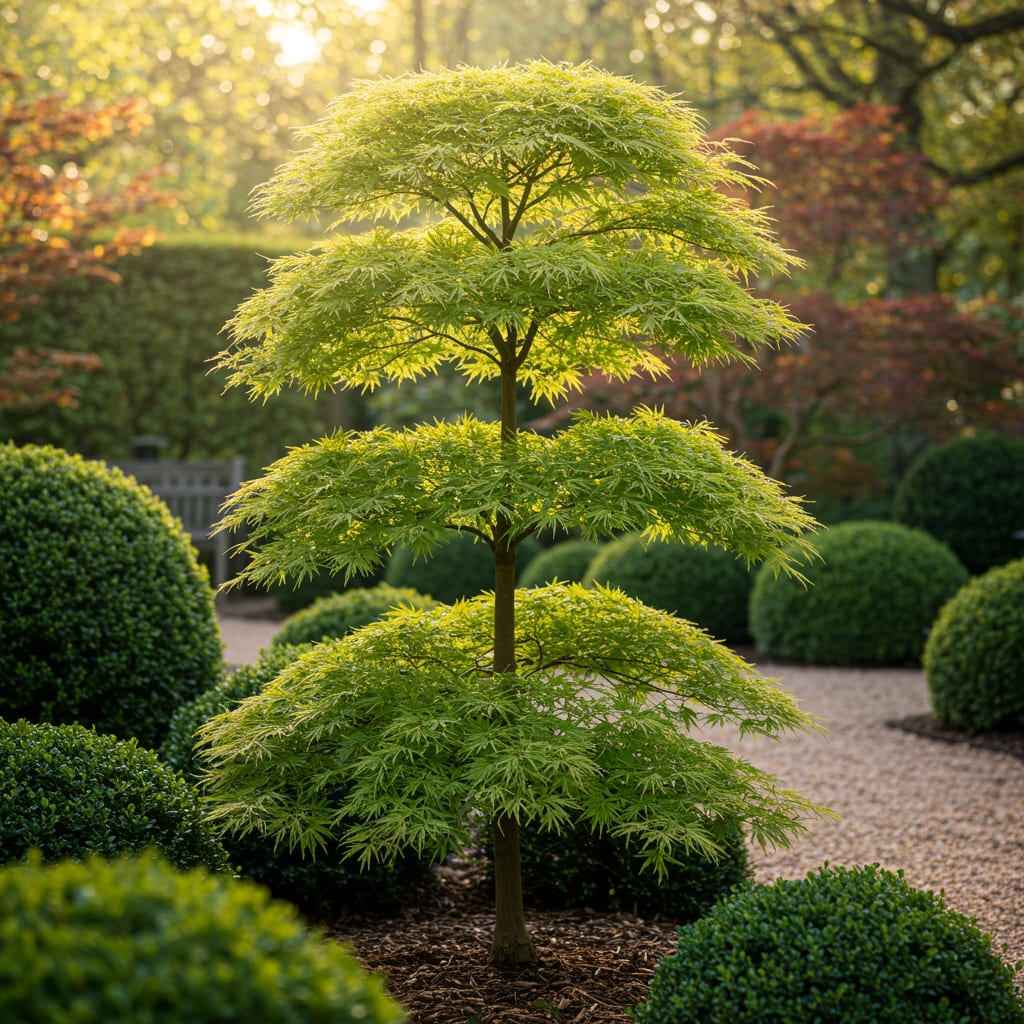 Image of Japanischer Ahorn – Acer palmatum 'Emerald Lace' – Balkonpflanze – ca. 70cm hoch – Topf Ø19cm – feingeschnittenes grünes Laub, herbstliche Gold-4